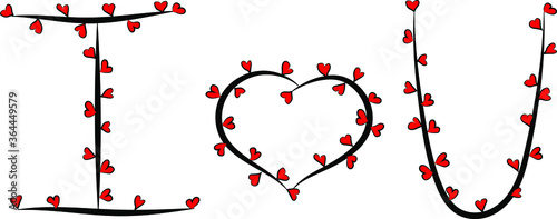 Obraz na płótnie Romantic tender Declaration of love. A large heart with a black outline and red hearts and the letters I and U. Encrypted message to your loved one I Love you. Black branches and petals w salonie
