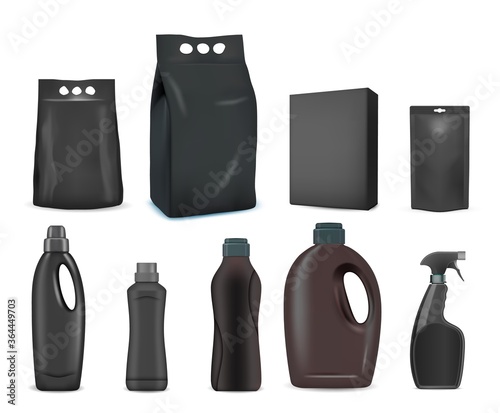 Black detergent pack mockup set, vector isolated illustration. Realistic blank packaging foil, paper, plastic container, spray bottle for liquid laundry detergent, washing powder, household cleaners.