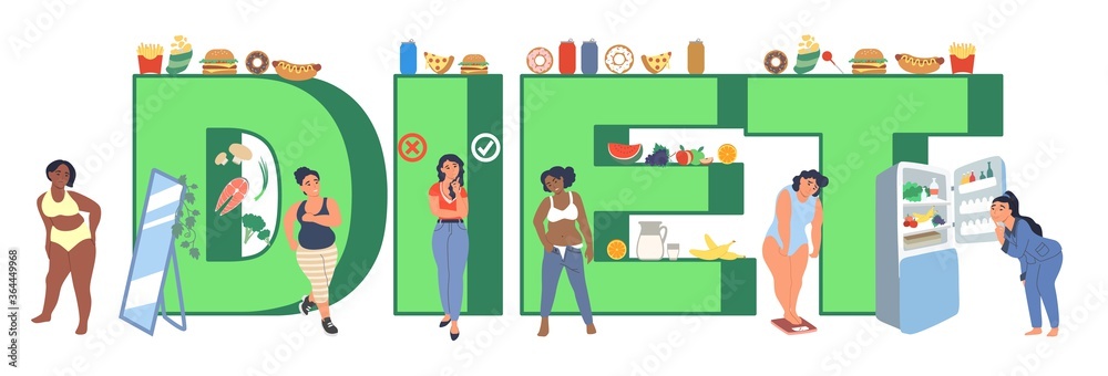 Diet typography banner template, vector flat illustration. Weight loss diet, fast food vs healthy nutrition concept with female characters suffering from obesity. Diet typography banner template, vector flat illustration. Weight loss diet, fast food vs healthy nutrition concept with female characters suffering from obesity.
