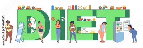 Diet typography banner template, vector flat illustration. Weight loss diet, fast food vs healthy nutrition concept with female characters suffering from obesity.