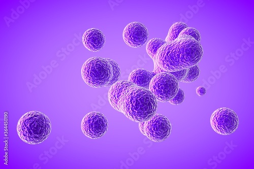 Purple elastic metaball in 3d. Small molecules are separated from the liquid sphere and bound together. Virus decaying in 3d render. Bacteria under the microscope. Macro world.