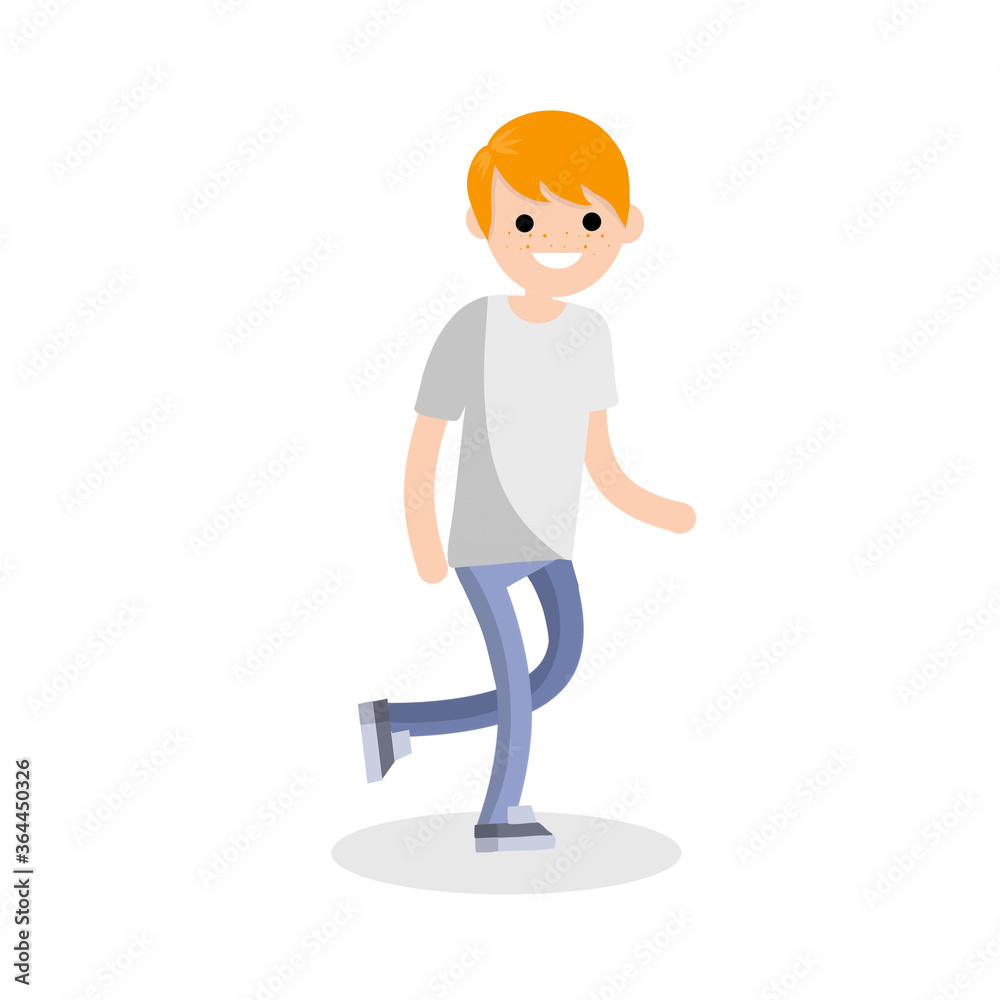 Young adult man in white t-shirt and blue jeans. Regular guy. ordinary boy running. Active motion and lifestyle. Cartoon flat illustration
