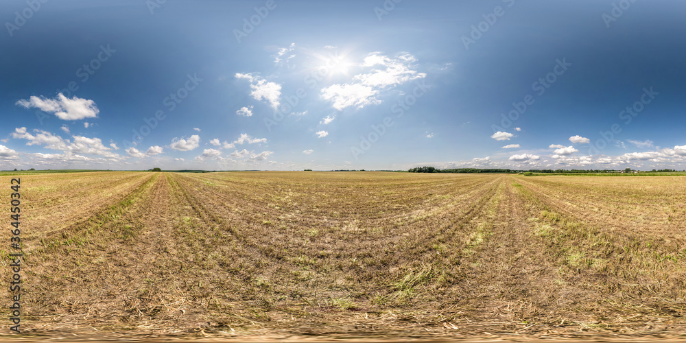 full seamless spherical hdri panorama 360 degrees angle view among fields in spring day with blue sky in equirectangular projection, ready for VR AR virtual reality content