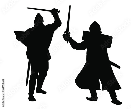 Knights in armor with sword fight vector silhouette isolated on white. Medieval fighter in battle. Hero protects castle walls. Armed man defend honor of family and people. Protect country against en