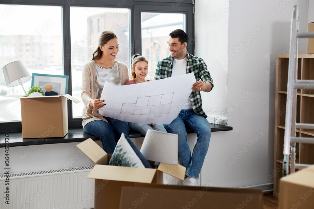 mortgage, family and real estate concept - happy mother, father and little daughter with blueprint and stuff in boxes moving to new home mortgage, family and real estate concept - happy mother, father and little daughter with blueprint and stuff in boxes moving to new home