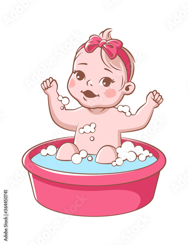Baby girl bathes. Cute infant in bathtub, smiling toddler with pink ribbon sitting in tub. Happy child hygiene vector illustration isolated on white