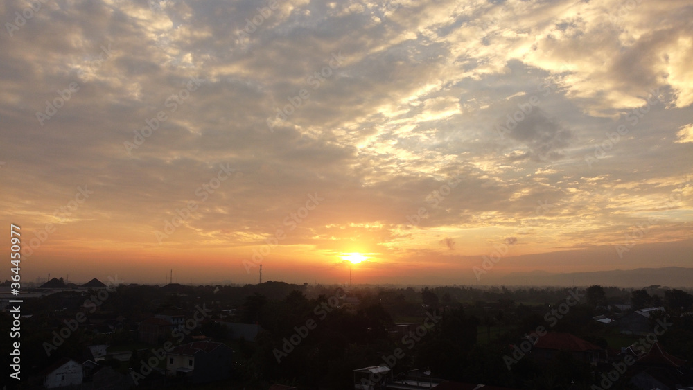 aerial view of sunrise in the rural area of ​​Bantul