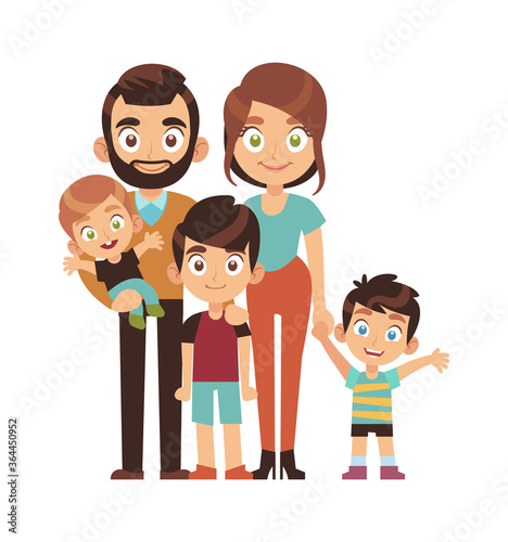 Happy parents with children. Mom dad and sons stand and hold hands cartoon character, family relationships concept, flat vector illustration