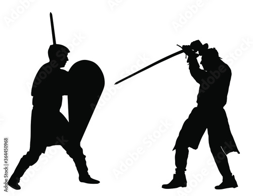 Knights in armor with sword fight vector silhouette isolated on white. Medieval fighter in battle. Hero protects castle walls. Armed man defend honor of family and people. Protect country against en