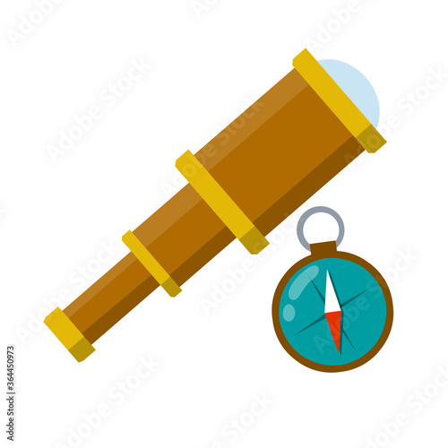 Telescope, compass. Retro objects for research. Cartoon flat illustration. Search for pirate treasure, travel and discovery