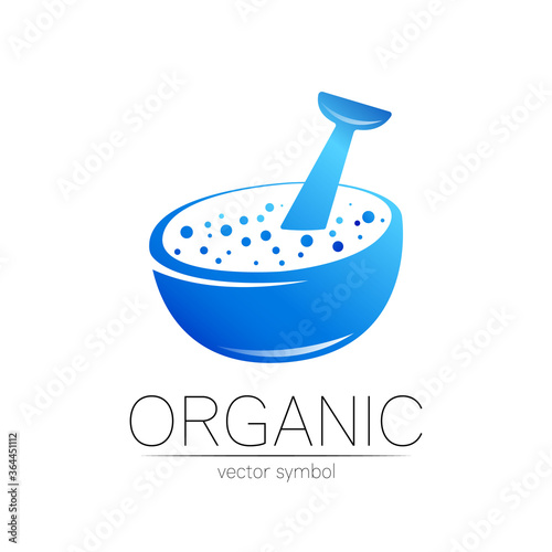 Vector mortar and pestle blue symbol logo. Ecology icon concept for medicine, vegetarian, therapy, pharmacology and business. Organic sign illustration. Modern logotype or label.