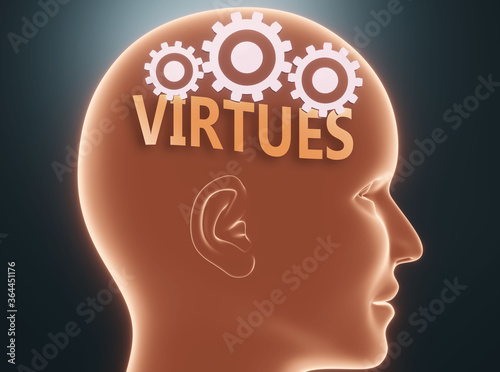 Virtues inside human mind - pictured as word Virtues inside a head with cogwheels to symbolize that Virtues is what people may think about and that it affects their behavior, 3d illustration