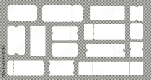 Empty cinema or theater ticket set. Empty lottery cardboard coupons. Ribbed templates vector isolated mockups collection