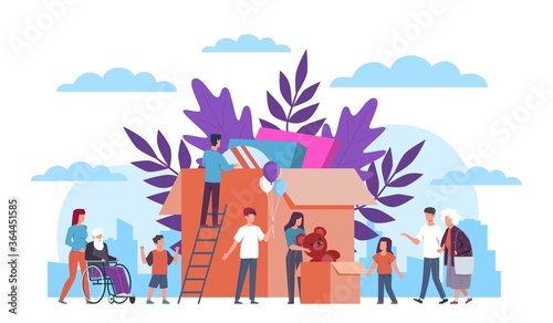 Volunteers. Team supporting disabled, humanitarian and material assistance, community helping old and sick people, charity vector concept