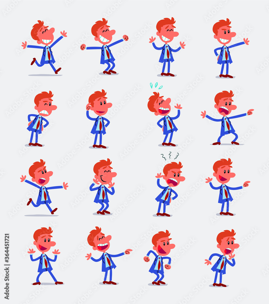 Cartoon character businessman in smart casual style. Set with different postures, attitudes and poses, doing different activities in isolated vector illustrations. Cartoon character businessman in smart casual style. Set with different postures, attitudes and poses, doing different activities in isolated vector illustrations.