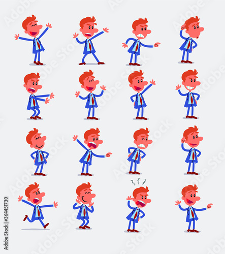Cartoon character businessman in smart casual style. Set with different postures, attitudes and poses, doing different activities in isolated vector illustrations.