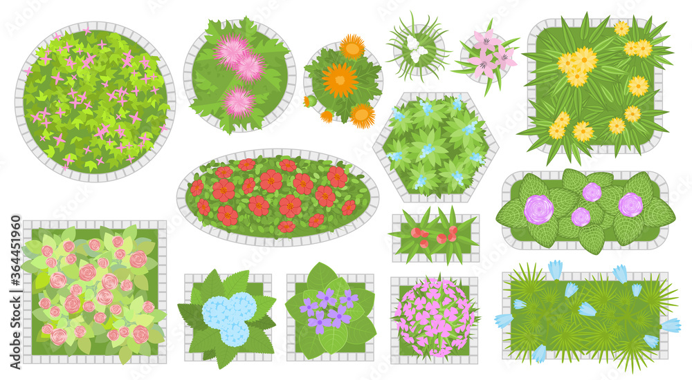Vector set. Flower beds. Top view. Collection of different flower beds
