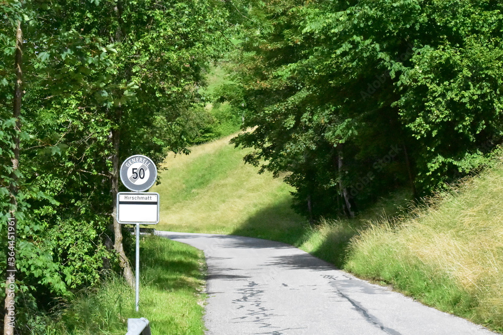 Ein Temposchild am rande einer schmallen Strasse Ein Temposchild am rande einer schmallen Strasse