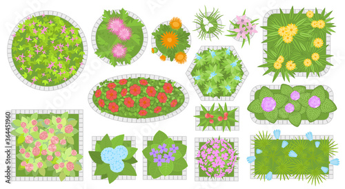Vector set. Flower beds. Top view. Collection of different flower beds for architectural and landscape design. (View from above) Nature green spaces.