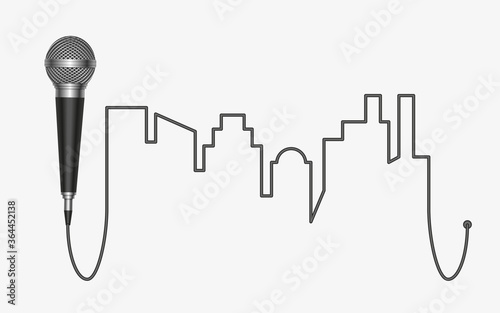 Conceptual vector illustration. A microphone with a wire in the form of a silhouette of city buildings.