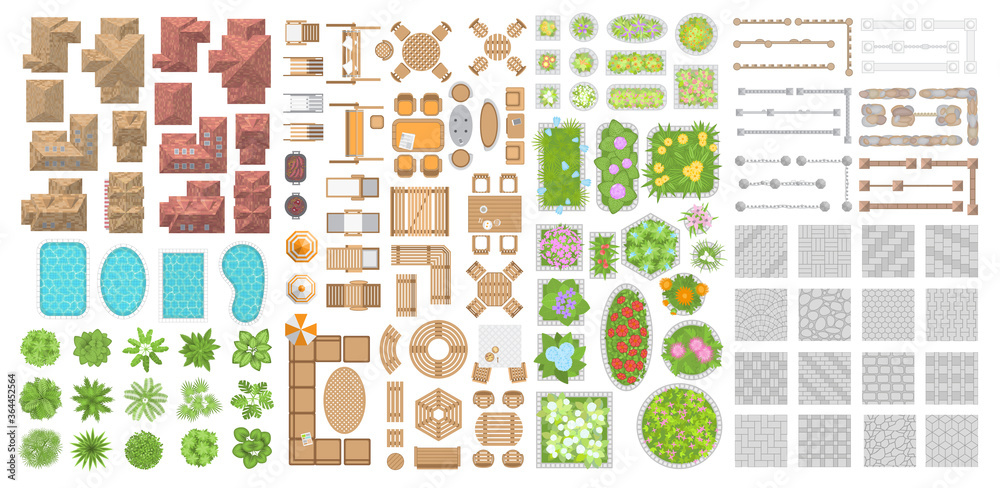 Set of landscape elements. Houses, architectural elements, plants. Top ...