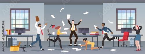 Office panic. Corporate business problems, collapse career. Chaos in workplace with employees. Men and women in company in stress, nervous people. Financial crisis, recession vector concept