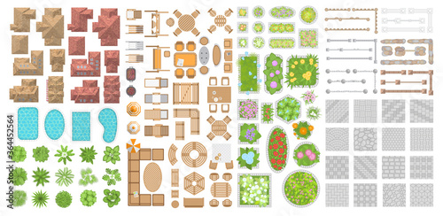 Set of landscape elements. Houses, architectural elements, plants. Top view. Trees, flower beds, roofs, swimming pools, pavement, fences, furniture. View from above. 