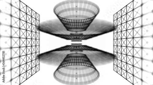 Black shapes on a white background. Wireframe geometric background. Connection structure lines and dots. 3d rendering.