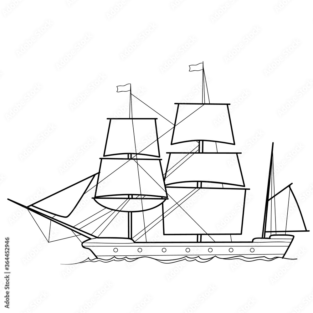 sketch of a sailboat, ship, coloring book, isolated object on a white background, vector illustration, sketch of a sailboat, ship, coloring book, isolated object on a white background, vector illustration,