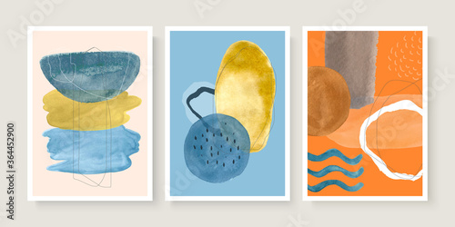 Set of abstract illustrations with hand drawn watercolor details.Minimalistic design,hand-drawn creative elements.Backgrounds for decorating walls, covers,postcards, brochures