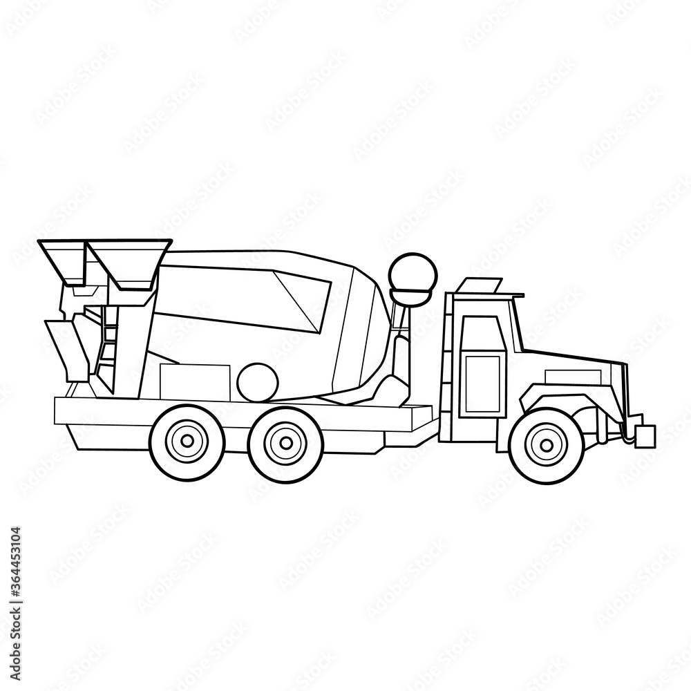 concrete mixer sketch, coloring book, cartoon illustration, isolated object on spruce background, vector illustration,