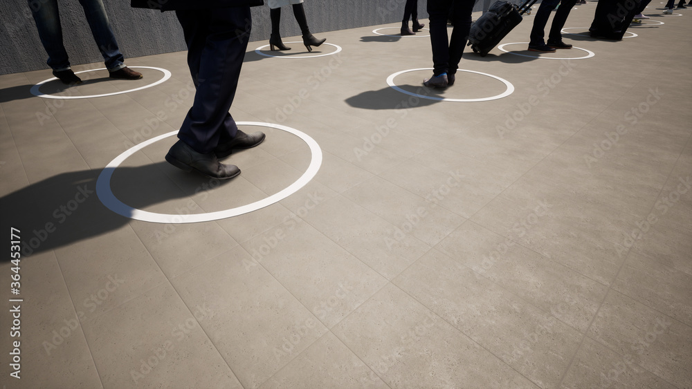 Concept or conceptual 3d illustration of people standing in line, social distancing as means of prevention or protection against coronavirus contamination. A change in lifestyle metaphor on lockdown Concept or conceptual 3d illustration of people standing in line, social distancing as means of prevention or protection against coronavirus contamination. A change in lifestyle metaphor on lockdown