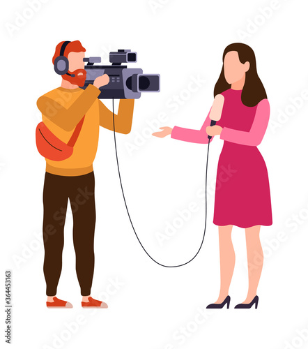 Newscaster and journalist profession. Operator in headphones holds camera and reporter with microphone records news, filmmaking and interviewing concept cartoon vector characters