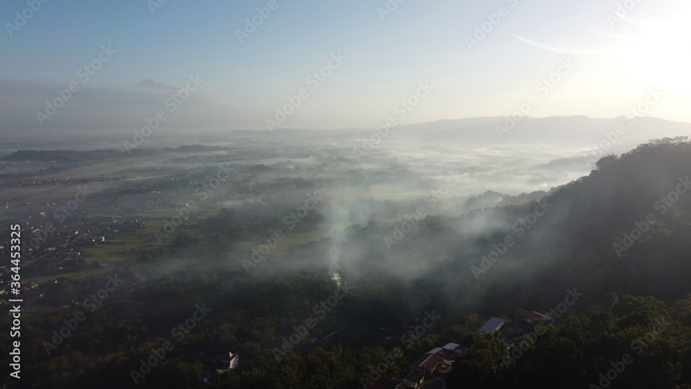 aerial view of the Special Region of Yogyakarta on a foggy morning