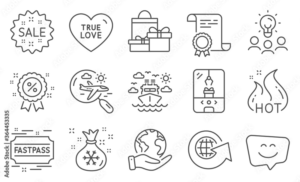 Set of Holidays icons, such as Smile face, Fastpass. Diploma, ideas, save planet. Discount, World globe, Sale. Hot sale, True love, Ship travel. Search flight, Santa sack, Crane claw machine. Vector