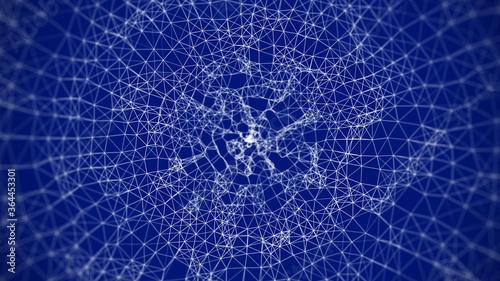 Blue abstract mesh background with circles, lines and shapes. Low poly shape with connecting dots and lines on dark background. 3d rendering.