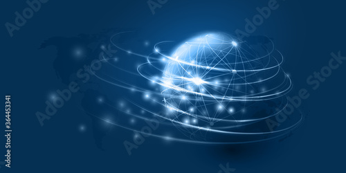 Abstract Blue Minimal Style Cloud Computing, Networks Structure, Telecommunications Concept Design, Network Connections, Transparent Wire Frame Globe and World Map - Vector Illustration