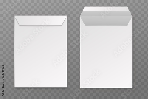 Envelopes. Vector blank A4 realistic envelope mockup, opened and closed empty letter paper, office stationery in front view, template isolated on transparent background