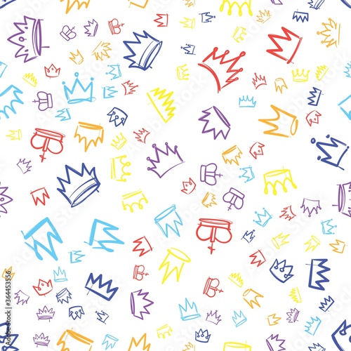 King crown sketches. Hand drawn seamless pattern with various crowns, majestic tiara, beautiful diadem, royal imperial coronation symbols on white. Vector isolated elements