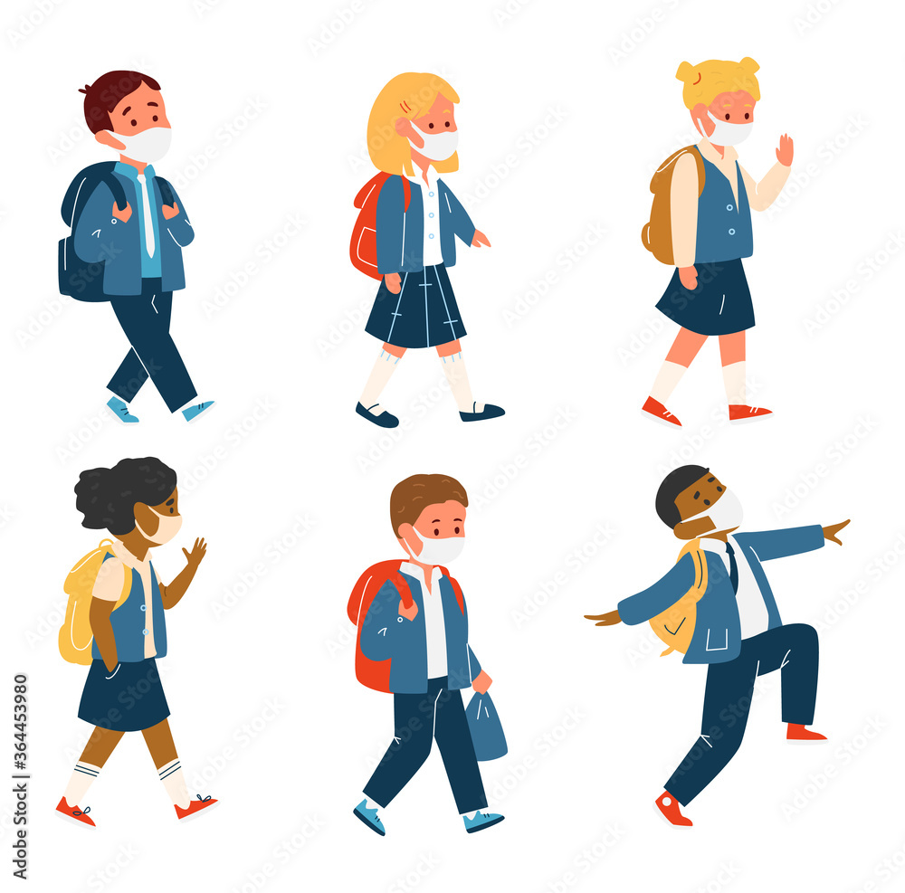 Vector Set Of Different Race Pupils In Uniform With School Bags In Protective Masks Walking. Back To School During Coronavirus Pandemic. Flat Illustration. Vector Set Of Different Race Pupils In Uniform With School Bags In Protective Masks Walking. Back To School During Coronavirus Pandemic. Flat Illustration.