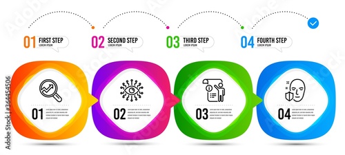 Manual doc, Analytics and Artificial intelligence line icons set. Timeline steps. Face protection sign. Project info, Audit analysis, All-seeing eye. Secure access. Business set. Vector