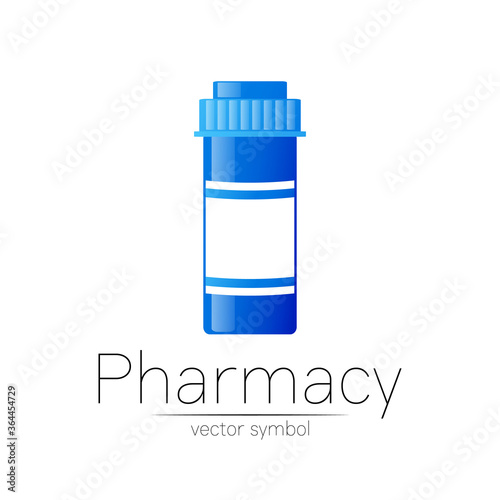 Pharmacy vector symbol with blue pill bottle for pharmacist, pharma store, doctor and medicine. Modern design vector logo on white background. Pharmaceutical icon logotype . Health human