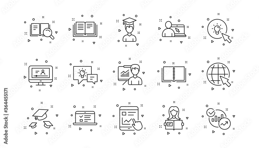Book, Video tutorial and Instructions. Education line icons. Presentation linear icon set. Geometric elements. Quality signs set. Vector Book, Video tutorial and Instructions. Education line icons. Presentation linear icon set. Geometric elements. Quality signs set. Vector