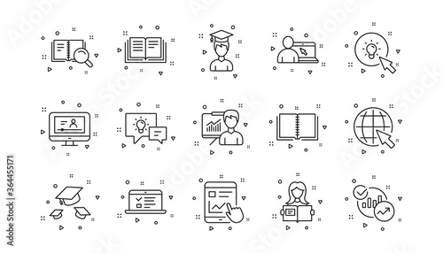 Book, Video tutorial and Instructions. Education line icons. Presentation linear icon set. Geometric elements. Quality signs set. Vector