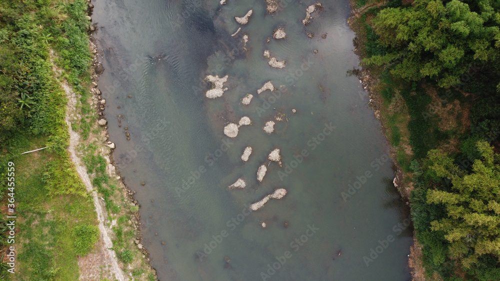aerial view of a traditional sand mining site on the Opak river. Yogyakarta Indonesia