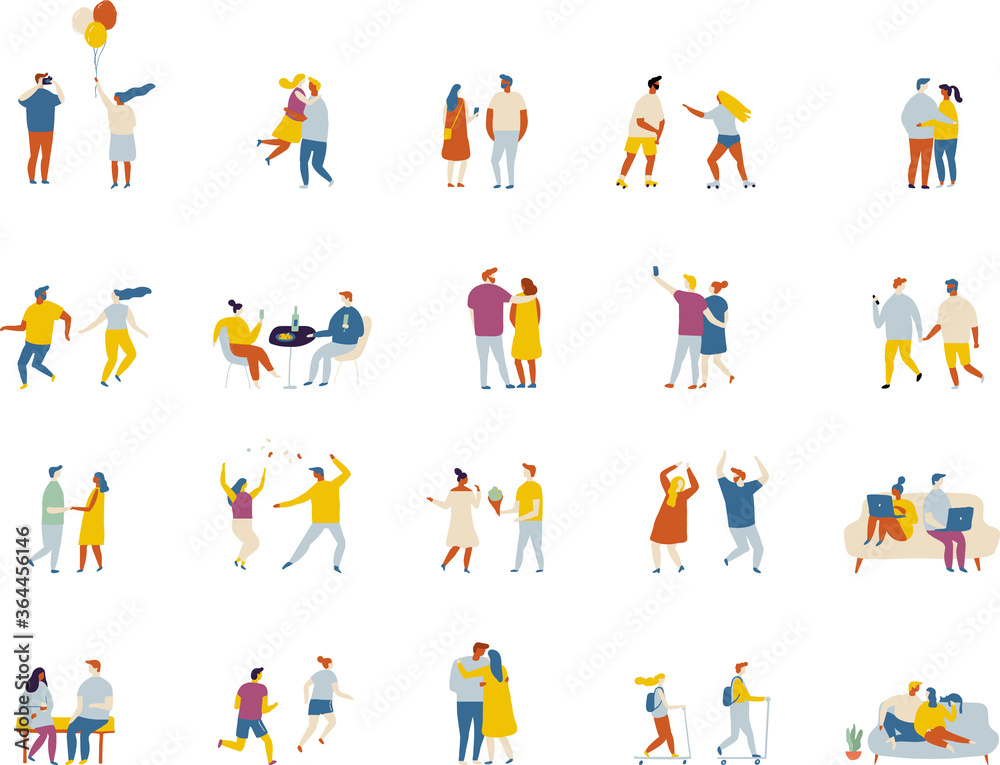 flat people, couple in love vector set. Couple in love spending time together