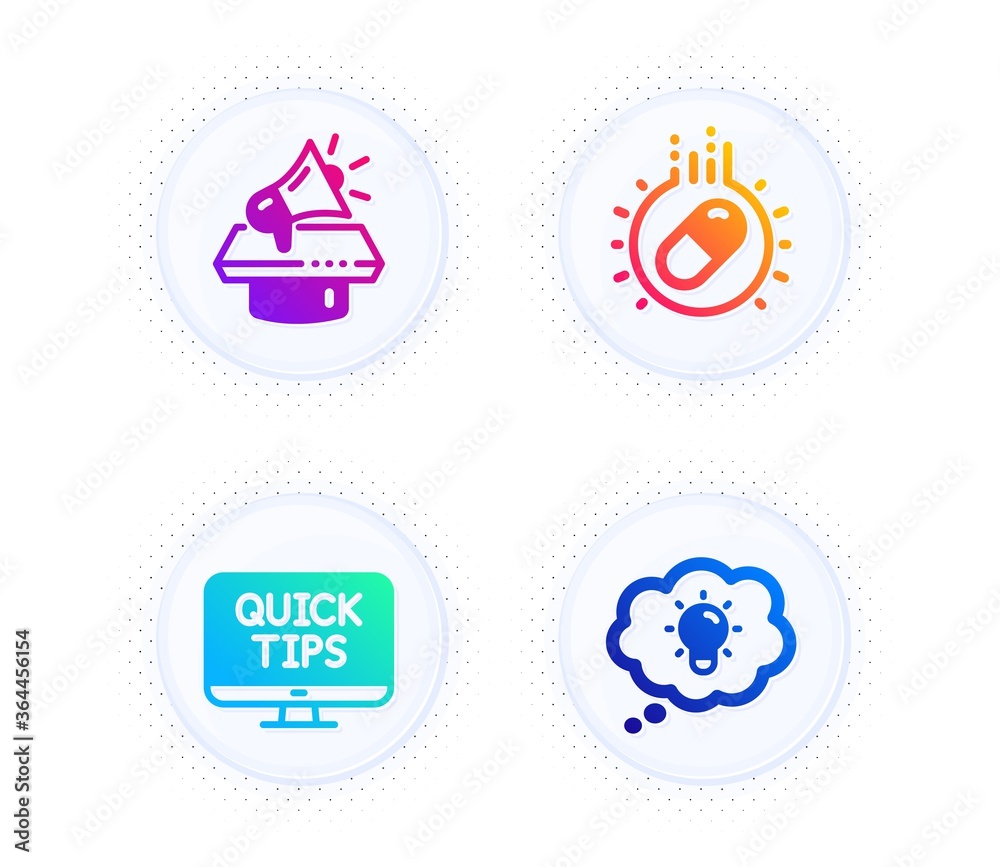 Capsule pill, Megaphone and Web tutorials icons simple set. Button with halftone dots. Energy sign. Medicine drugs, Brand advertisement, Quick tips. Lightbulb. Business set. Vector