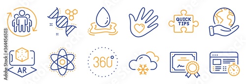 Set of Science icons, such as Chemistry dna, Teamwork. Certificate, save planet. Snow weather, Augmented reality, 360 degrees. Water splash, Chemistry atom, Web timer. Vector