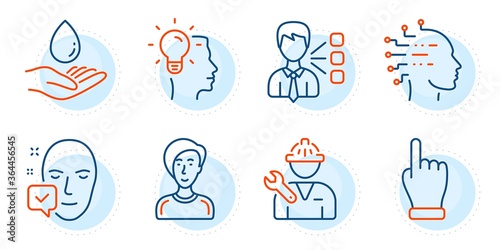 Face accepted, Water care and Third party signs. Businesswoman person, Repairman and Idea line icons set. Artificial intelligence, Click hand symbols. Female user, Repair service. People set. Vector