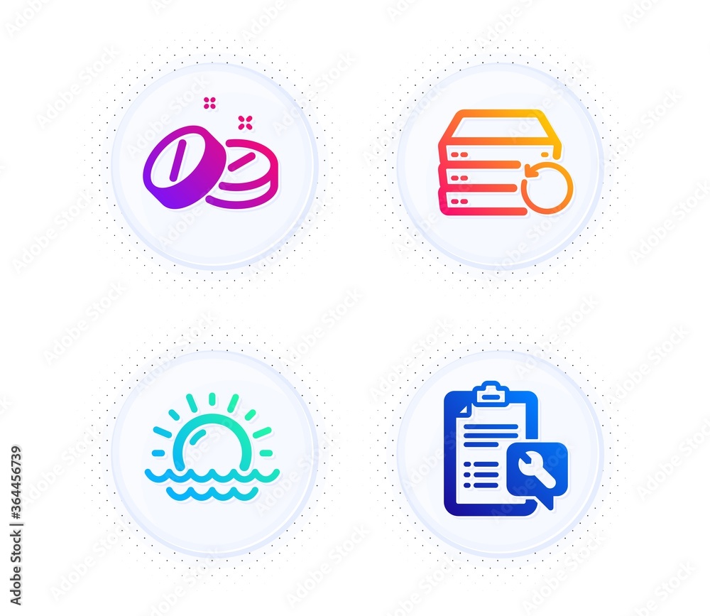 Recovery server, Sunset and Medical tablet icons simple set. Button with halftone dots. Spanner sign. Backup data, Sunny weather, Medicine pill. Repair service. Business set. Vector Recovery server, Sunset and Medical tablet icons simple set. Button with halftone dots. Spanner sign. Backup data, Sunny weather, Medicine pill. Repair service. Business set. Vector
